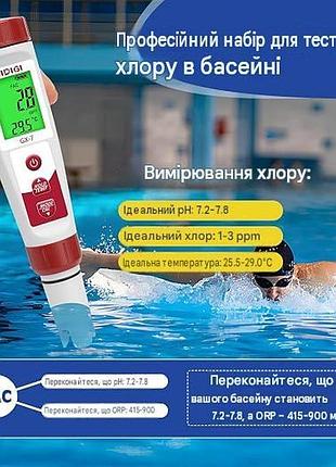Електронний тестер якості води 7-в-1 для басейну, вимірювання ph, хлору, солоності, tds, ec і температури.