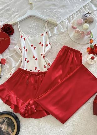 Піжама жіноча атласна трійка (майка, шорти, штани) з принтом сердець