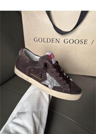 Кеди golden goose коричневі замшеві низькі на шнурівці