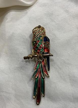 🦜✨ Тропический попугай на ветке винтажная брошка эмаль кристаллы tropical exotic art deco revival ✨🦜