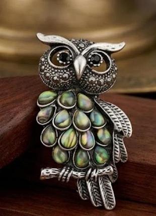 2в1 брошка - кулон 🦉 сова, крылья перламутр, халиотис