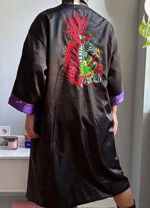 Двусторонний распашной шелковый халат-кимоно с вышитым драконом,one size.