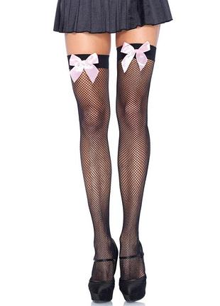 Панчохи-сітка з атласним бантиком leg avenue fishnet thigh highs, black, with bow pink, one size