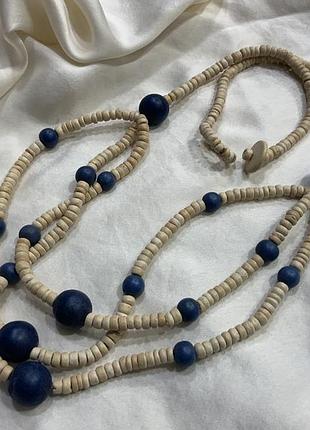 💙✨ багатоярусне винтажне дерев'яне намисто сині та бежеві намистини ethnic eco boho ✨💙