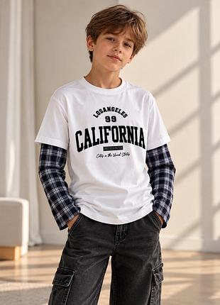 Лонгслів для підлітка 150 california у клітинку для хлопця для дівчинки 12-13 років