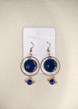 Сережки жіночі fashion jewellery космічна тематика золотисті з синьою емаллю