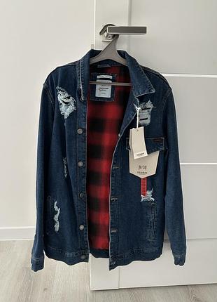 Мужская джинсовая куртка pull &amp; bear, теплая джинсовка pull &amp; bear новая оригинальная, размер м, цвет синий