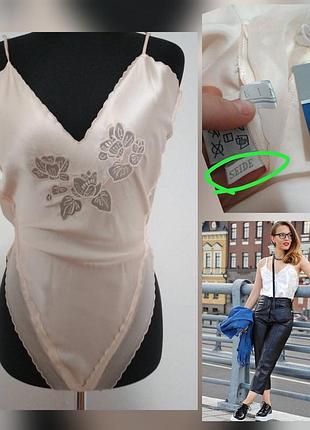 Фирменная шелковая майка топ в бельевом стиле с кружево вышивка 100% шёлк комбидрес шовк