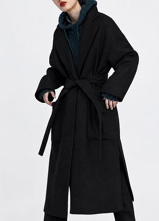 Жіноче вовняне пальто zara на запах з поясом чорне