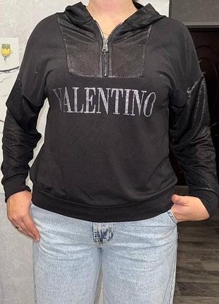 Кофта жіноча valentino з капюшоном та блискавкою чорна