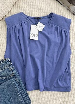 Футболка (топ) жіноча від zara без рукавів на плечеках , синього кольору , розмір xl