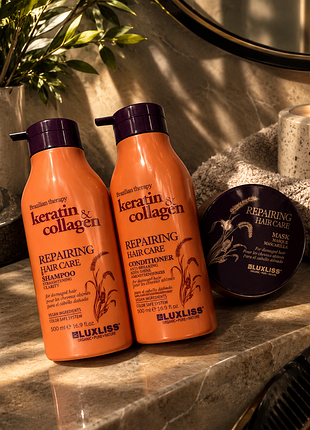 Кератиновый набор для волос luxliss therapy keratin & collagen repairing hair: шампунь 500 + бальзам 500 мл + маска 250 мл