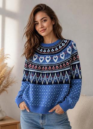Синій жіночий светр the woolrich woman з круглою кокеткою в нордичному / фейр-ісл стилі (fair isle)
