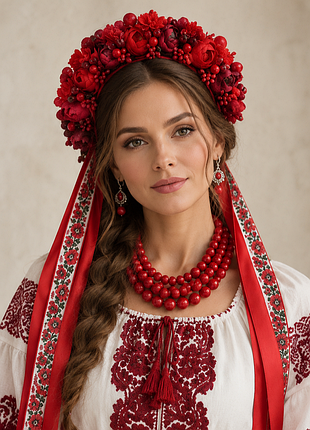 Пишний червоний, квітковий   український віночок з калиною