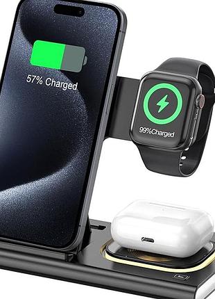 3 в 1 складна зарядна станція сумісна з apple watch 10/ultra 2/9/8/7/6/se, швидка бездротова зарядка — в наявності ta070