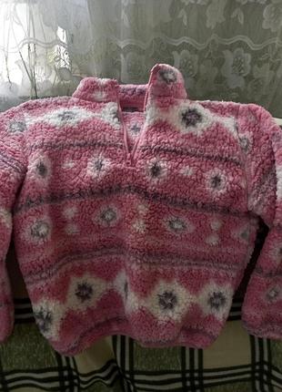 Светр тедді рожевий зі штучного хутра на змійці з геометричним принтом