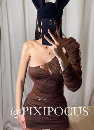 Святкова сукня zara коричнева коротка один рукав фатин блискуча