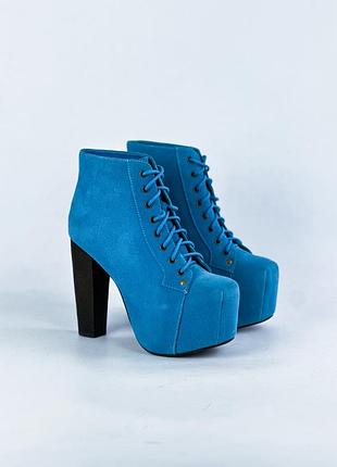 Ботильйони черевики туфлі jeffrey campbell lita blue suede platform ankle boots high heel lace up sz 37 us 7
