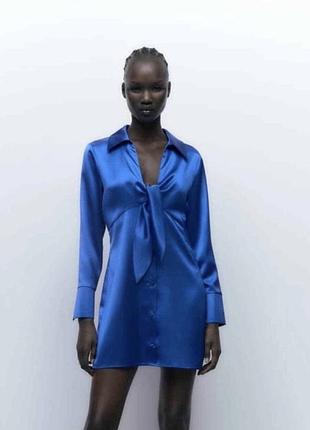 Коротка сукня-сорочка zara сатинова синя