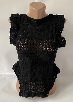 Чорний ажурний плетений топ-жилетка zara з рюшами та оборками. чудово підійде на xs – s або на неповний m, жилет б/в