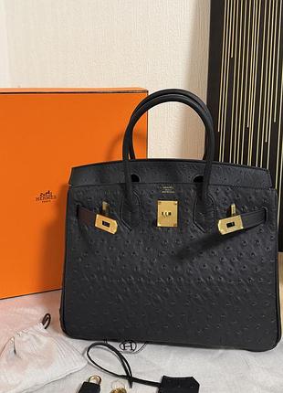 Жіноча сумка hermès birkin 30 чорна зі шкіри страуса
