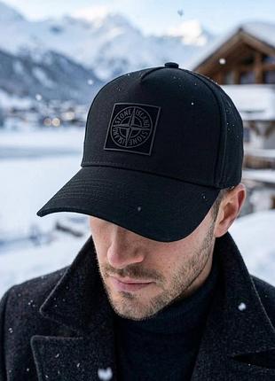Мужская зимняя кепка тракер stone island на флисе с ушами (котон), черная