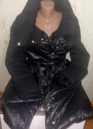 Жіноче стьобане  пальто чорне з поясом