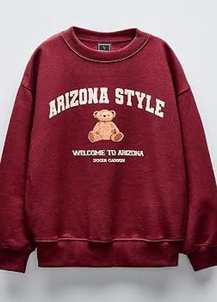 Теплий світшот zara kids arizona style з ведмедиком (зріст 140 см, 9-10 років) бордова кофта з начісом для дитини