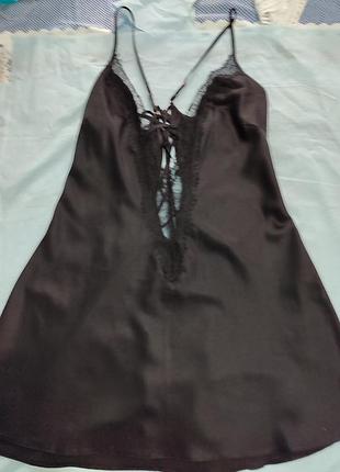 Пеньюар жіночий ann summers чорний атласний з мереживом розмір l