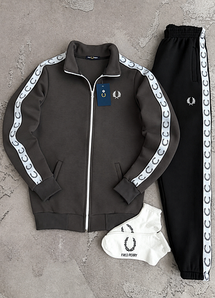 Серая кофта fred perry на флисе + штаны Фред пери флис спортивный мужской костюм на зиму : s / m / l / xl / xxl