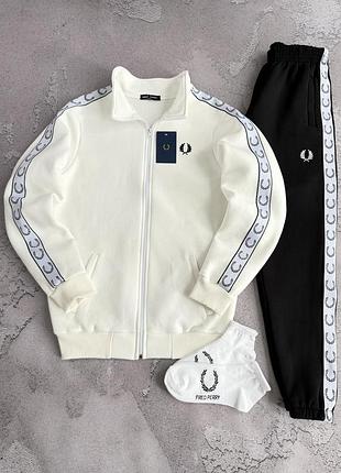 Чоловічий спортивний костюм зимовий fred perry на флісі кофта біла/молочна + штани чорні теплі фліс