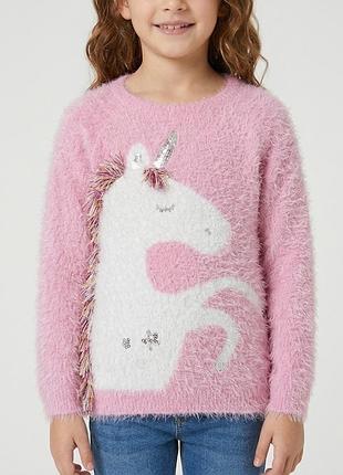 М'який пухнастий светр girlswear з єдинорогом (9 років, зріст 134 см) рожева пухнаста кофта «травичка» з паєтками для дівчинки