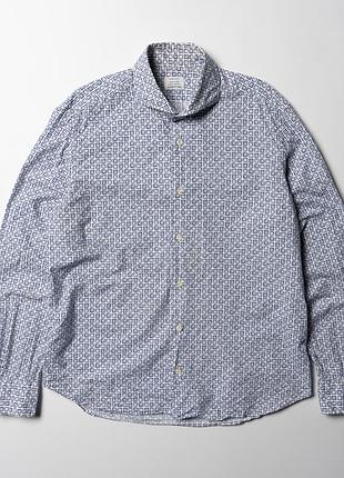 Mazzarelli lake store pattern blue white shirt button up  [smh017518] 2