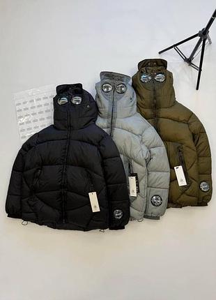 Пуховик с очками c.p. company x palace / мужская серая зимняя куртка c.p. company / брендовая куртка сипе компаньи палас / теплая куртка с линзой
