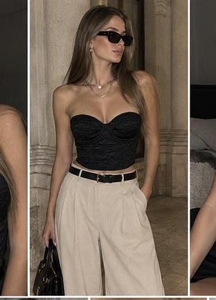 Топ корсет zara бандо квітковий принт чорного кольору