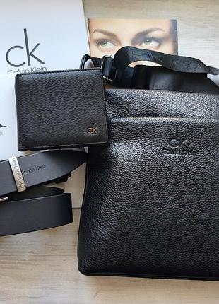 Стильный кожаный набор calvіn kleіn black, сумка мессенджер кошелек и ремень