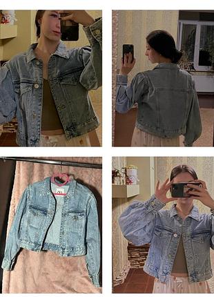 Джинсова куртка жіноча zara блакитна укорочена з об'ємними рукавами