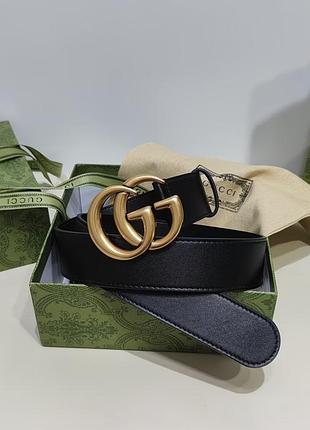 Ремінь gucci чорний шкіряний із золотистою пряжкою gg