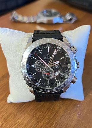 Чоловічий годинник festina sport chronograph f16489/5 сталевий корпус шкіряний ремінець чорний циферблат
