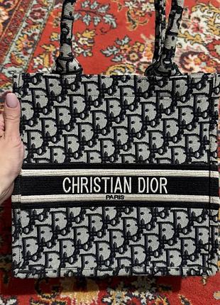 Сумка-тоут жіноча christian dior текстильна чорно-сіра
