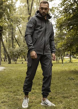 Мужской комплект softshell серый на демисезон стильный куртка и штаны модный для города прогулочный ветрозащитный качественный 4xl