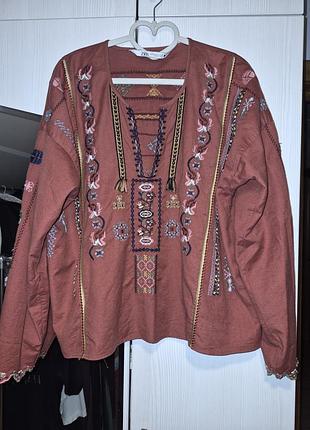 Сорочка-вишиванка жіноча zara цегляного кольору, розмір m-xl