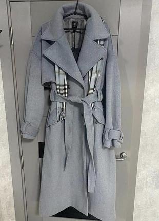Пальто жіноче river island серо-блакитне двобортне з поясом 18 розмір