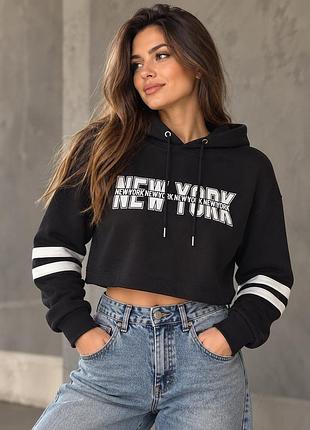 Чорне вкорочене худі h&m divided new york з капюшоном, розмір s