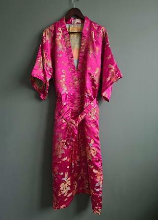Винтажний шовковий халат-кимоно eastern collection з драконами, one size / жаккардовий халат фуксія ретро