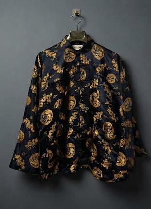 Винтажная китайская рубашка-куртка с драконами, жаккард, unisex l-xl / черное кимоно жакет