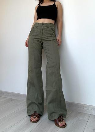 Брюки штаны хаки зеленые cecil 38 40 m l прямые широкие свободные wide leg высокая талия посадка клеш flared bootcut ретро винтаж vintage