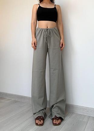Zara зара штаны брюки 36 38 40 s m l палаццо на резинке на завязках хаки оливковые высокая средняя талия посадка прямые широкие свободные wide leg