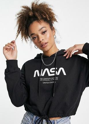 Черное худи оверсайз h&m divided с принтом nasa и космической тематикой (размер l)