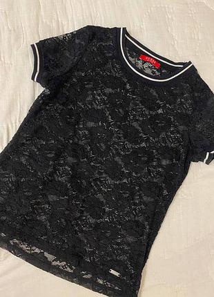 Стильна чорна мереживна футболка / блуза guess los angeles